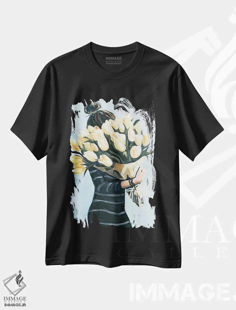 تیشرت مشکی طرح دار گل های بازار کشاورزان، هنر فاخر معاصر اثر کتی مینگوس | فروشگاه ایماژ