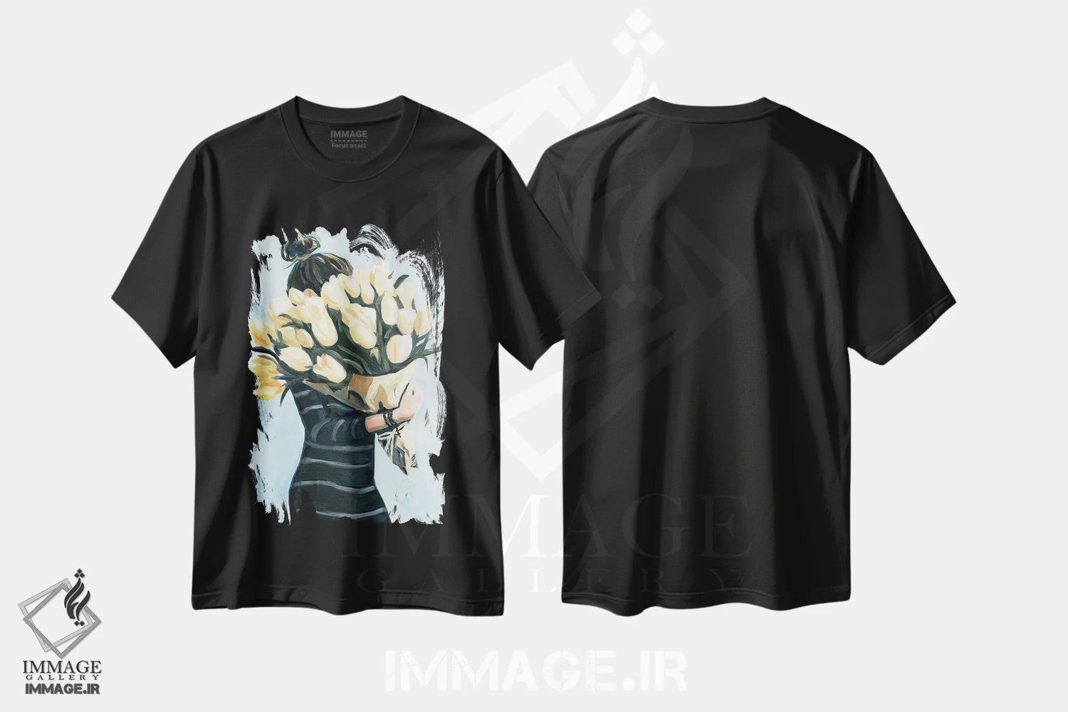 تیشرت مشکی طرح دار گل های بازار کشاورزان، هنر فاخر معاصر اثر کتی مینگوس | فروشگاه ایماژ