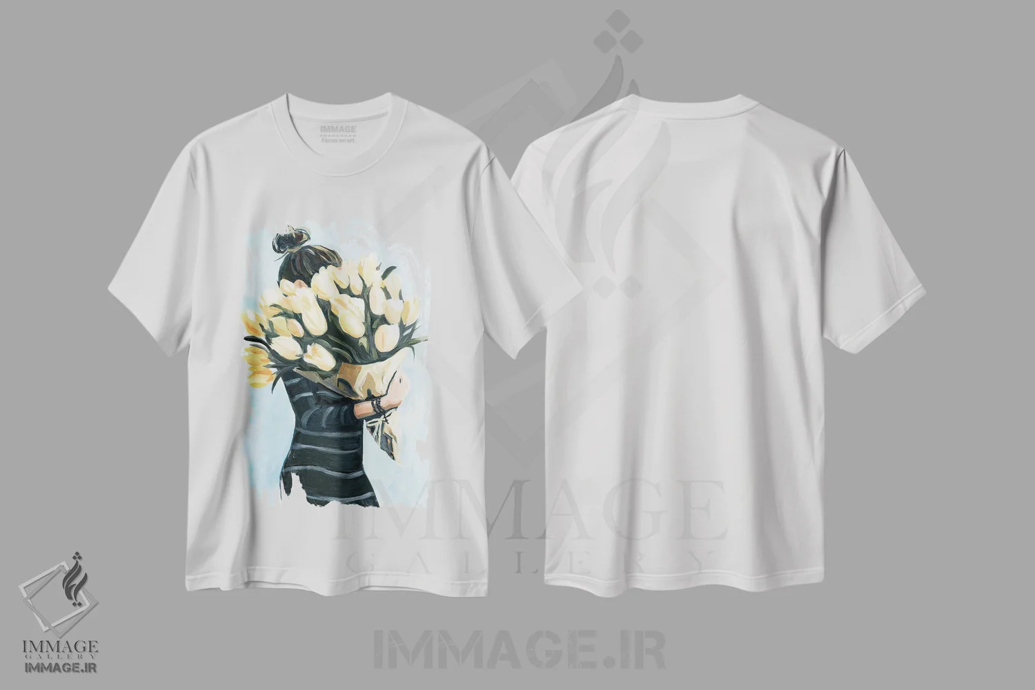 تیشرت سفید طرح دار گل های بازار کشاورزان، هنر فاخر معاصر اثر کتی مینگوس | immage.ir