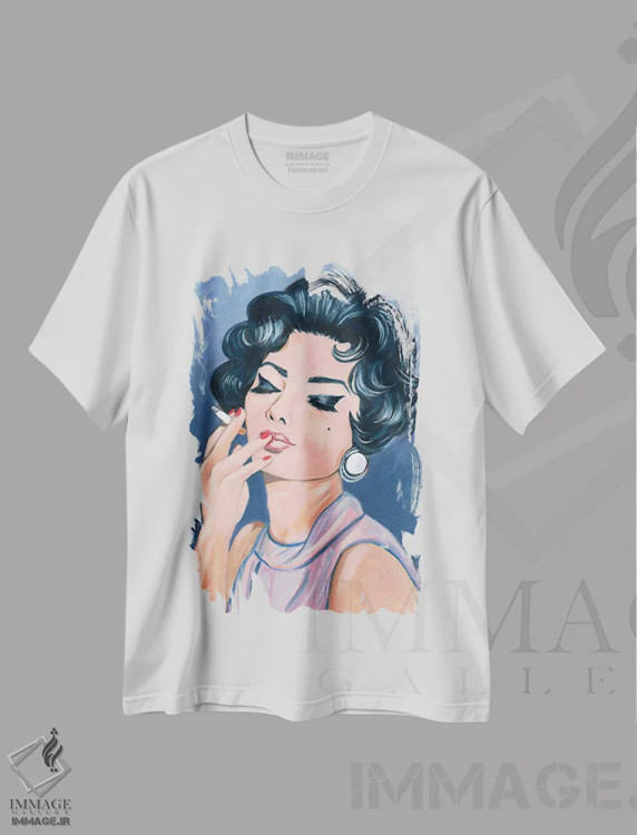 تیشرت سفید طرح دار بازیگر زن ایتالیایی، هنر فاخر معاصر اثر کتی مینگوس | فروشگاه ایماژ
