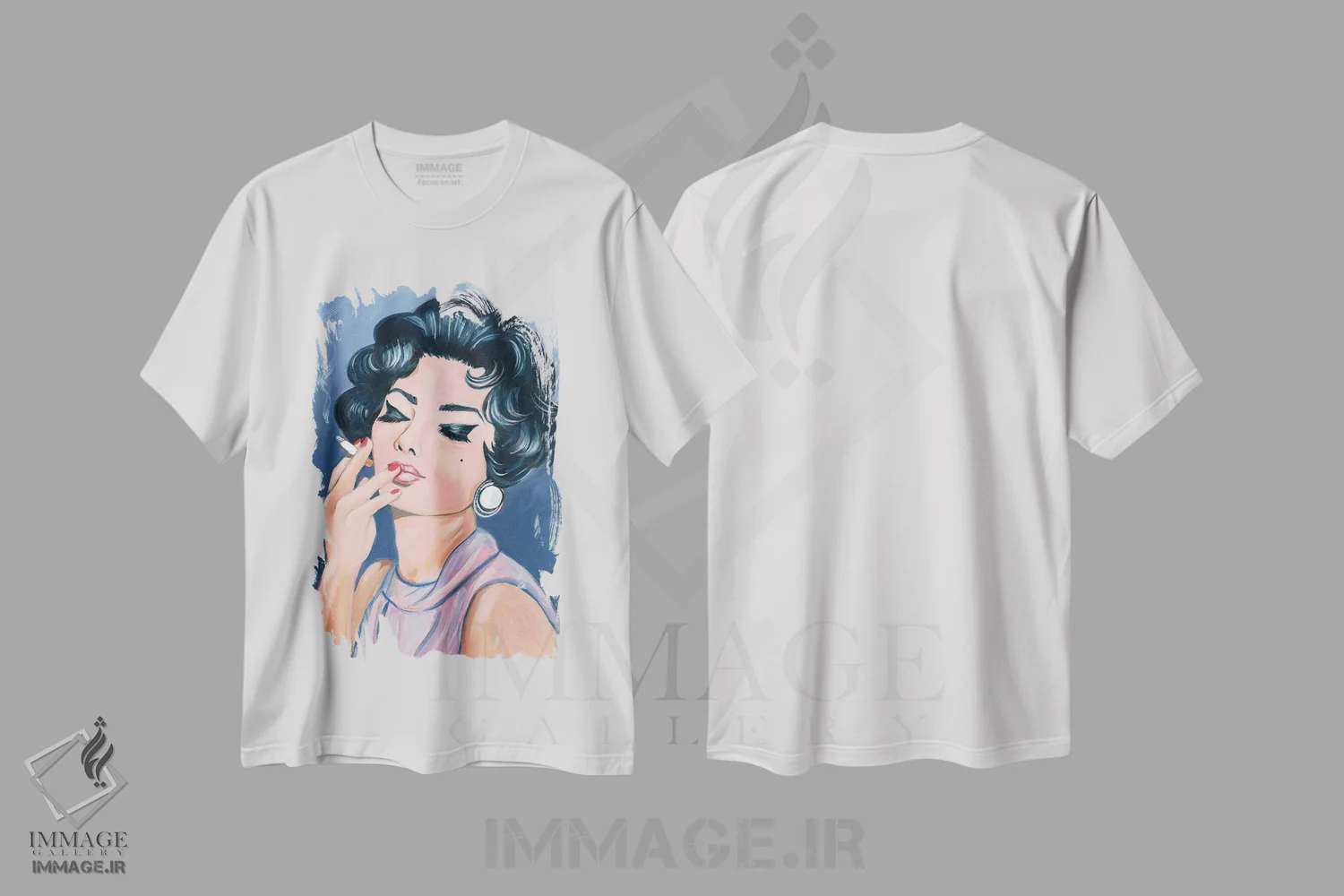 تیشرت سفید طرح دار بازیگر زن ایتالیایی، هنر فاخر معاصر اثر کتی مینگوس | فروشگاه ایماژ