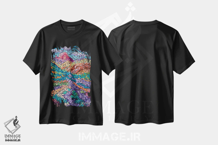 تیشرت مشکی طرح دار کوه های رنگارنگ، تزئینی اثر کندی مایر | immage.ir