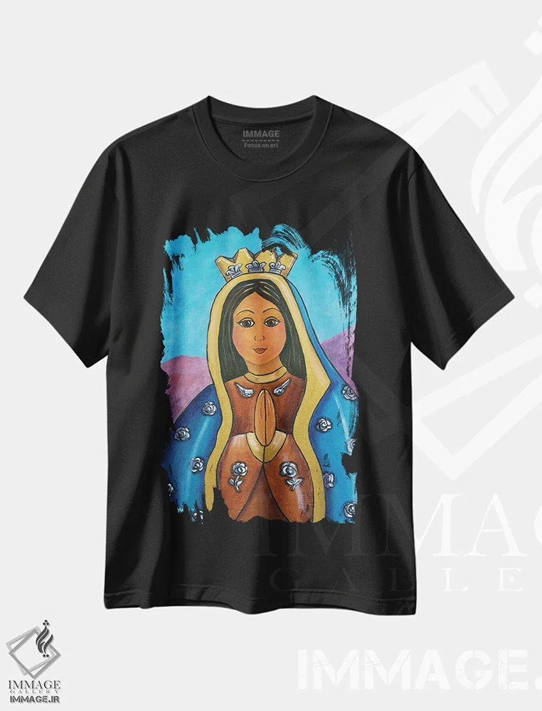 تیشرت مشکی طرح دار گوادالوپه معجزه، هنر فاخر معاصر اثر کندی مایر | فروشگاه ایماژ
