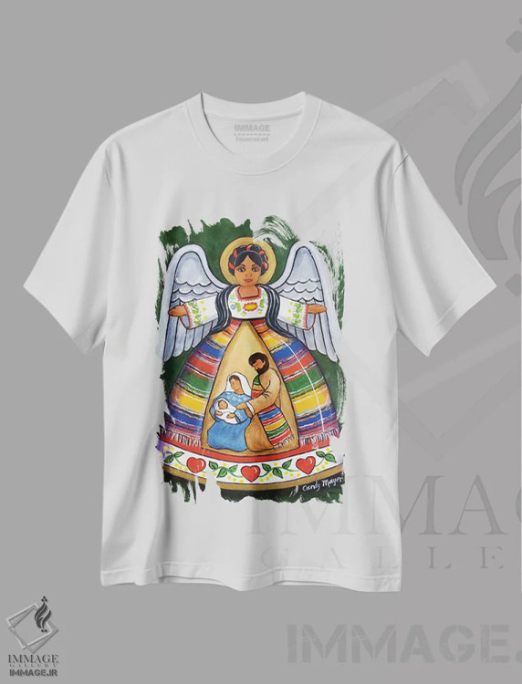 تیشرت سفید طرح دار فرشته تولد مسیح، هنر فاخر معاصر اثر کندی مایر | فروشگاه ایماژ