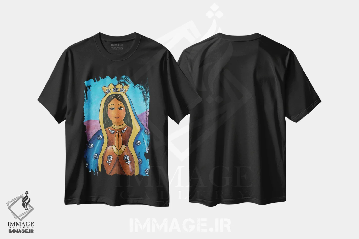تیشرت مشکی طرح دار گوادالوپه معجزه، هنر فاخر معاصر اثر کندی مایر | فروشگاه ایماژ