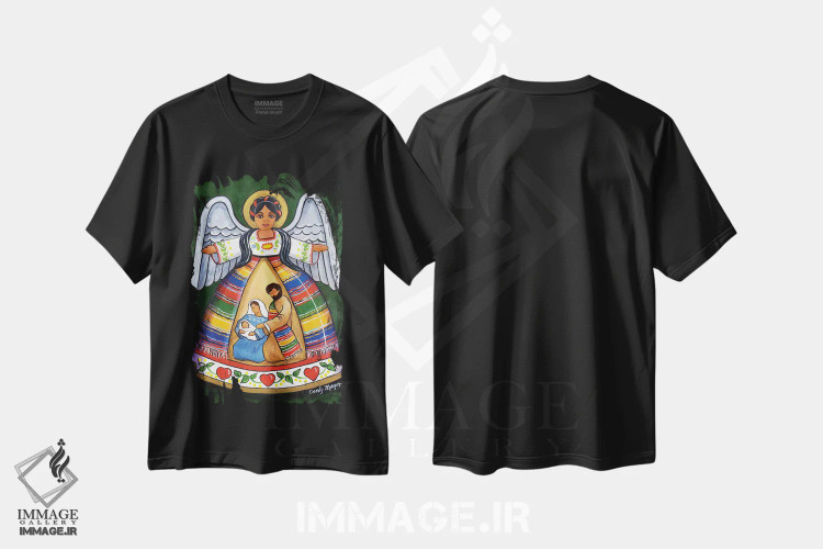 تیشرت مشکی طرح دار فرشته تولد مسیح، هنر فاخر معاصر اثر کندی مایر | immage.ir