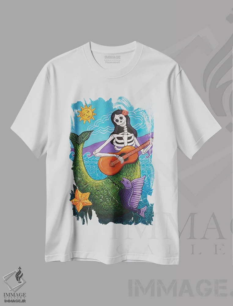 تیشرت سفید طرح دار پری دریایی، دکور ساحلی اثر کندی مایر | فروشگاه ایماژ