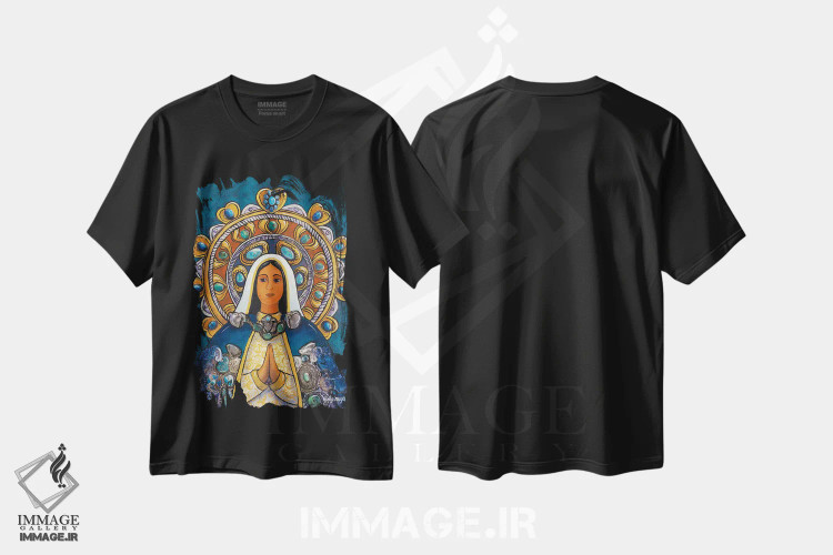 تیشرت مشکی طرح دار مریم مقدس با هاله نور، تزئینی اثر کندی مایر | فروشگاه ایماژ