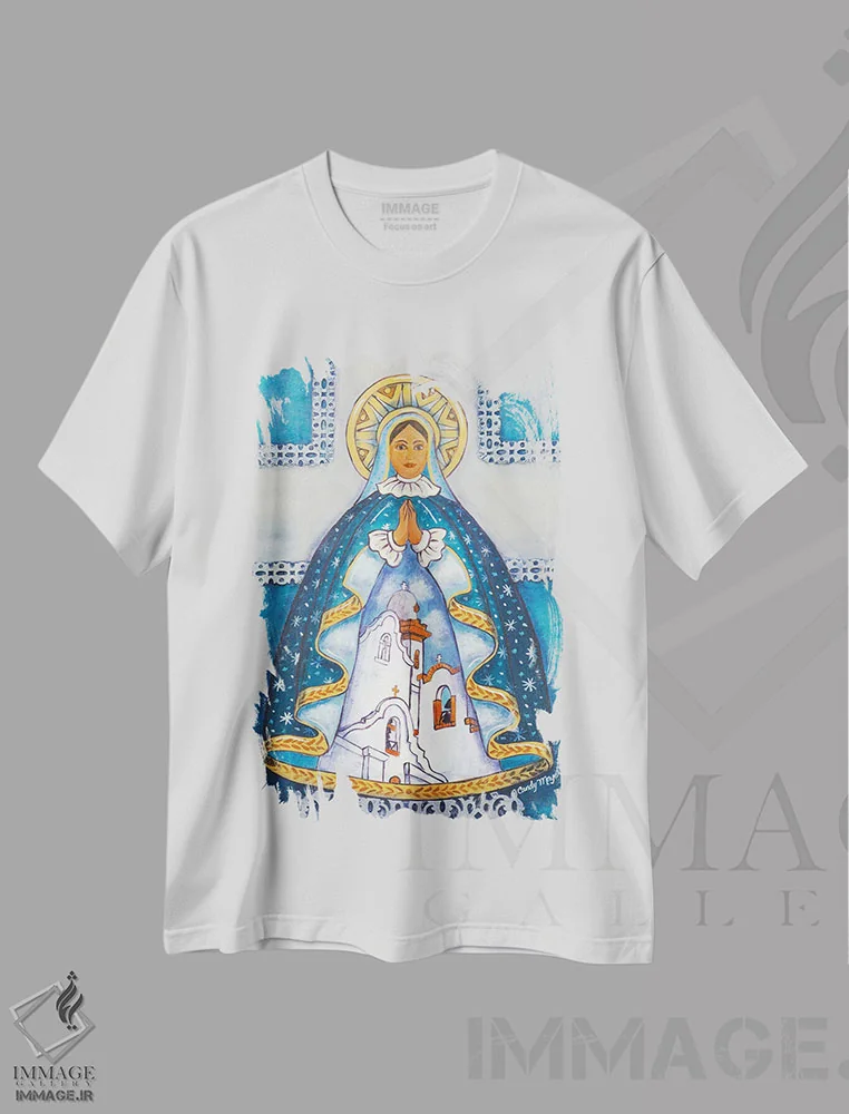تیشرت سفید طرح دار مریم مقدس مأموریتی، تزئینی اثر کندی مایر | immage.ir