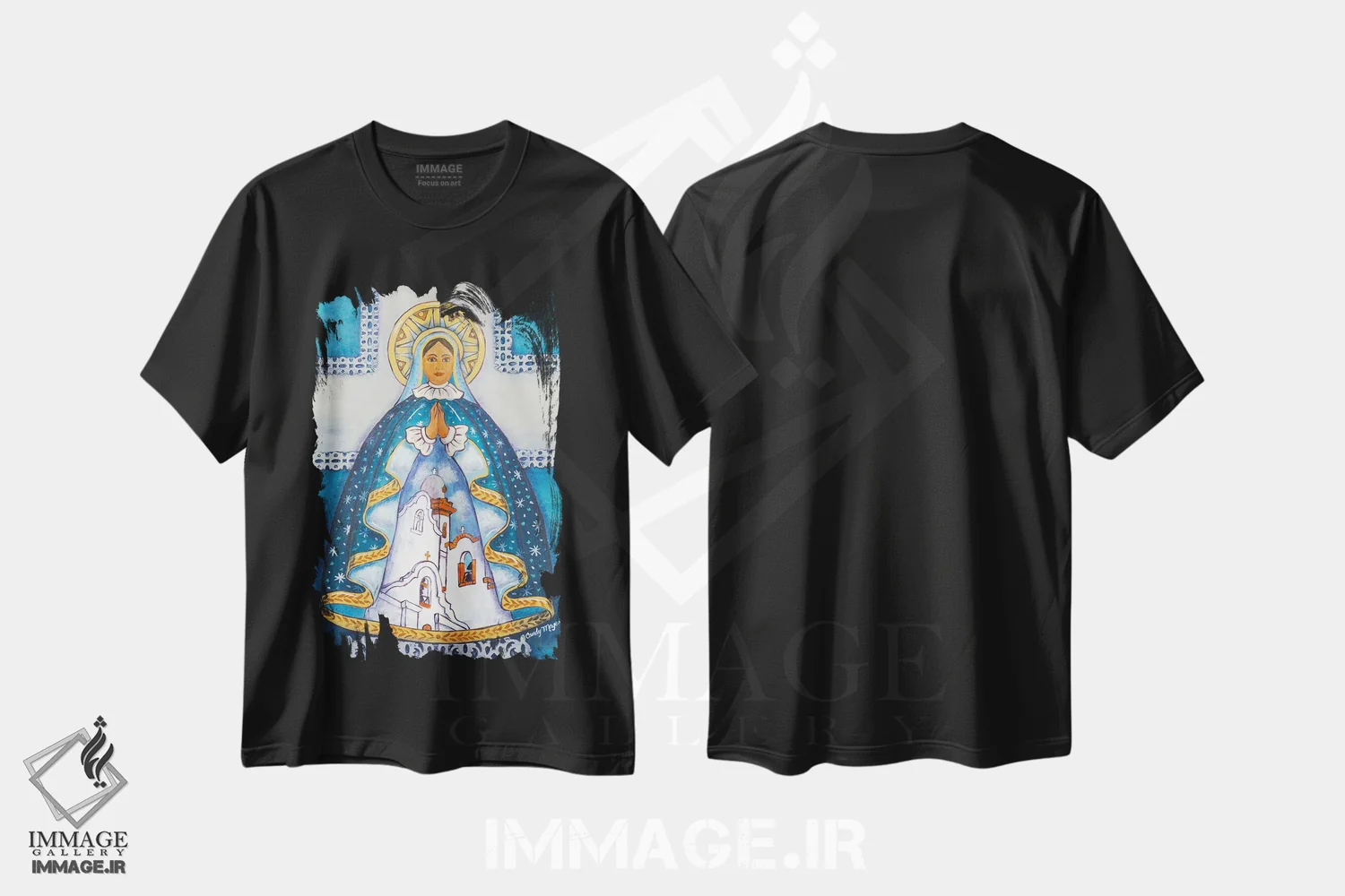 تیشرت مشکی طرح دار مریم مقدس مأموریتی، تزئینی اثر کندی مایر | فروشگاه ایماژ