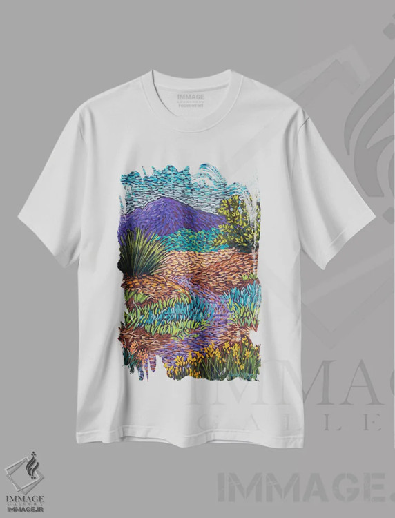 تیشرت سفید طرح دار راه کوهستانی بنفش، تزئینی اثر کندی مایر | فروشگاه ایماژ