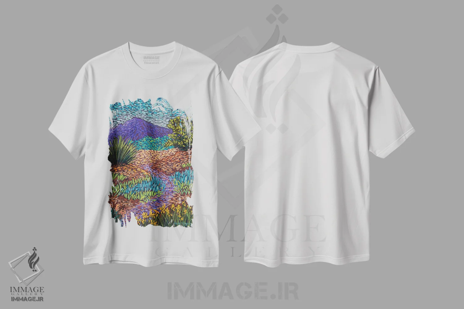 تیشرت سفید طرح دار راه کوهستانی بنفش، تزئینی اثر کندی مایر | فروشگاه ایماژ