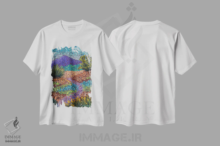 تیشرت سفید طرح دار راه کوهستانی بنفش، تزئینی اثر کندی مایر | فروشگاه ایماژ