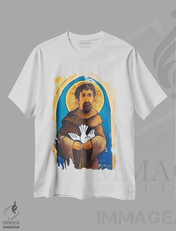 تیشرت سفید طرح دار سن فرانسیس با کبوتر، تزئینی اثر کندی مایر | فروشگاه ایماژ