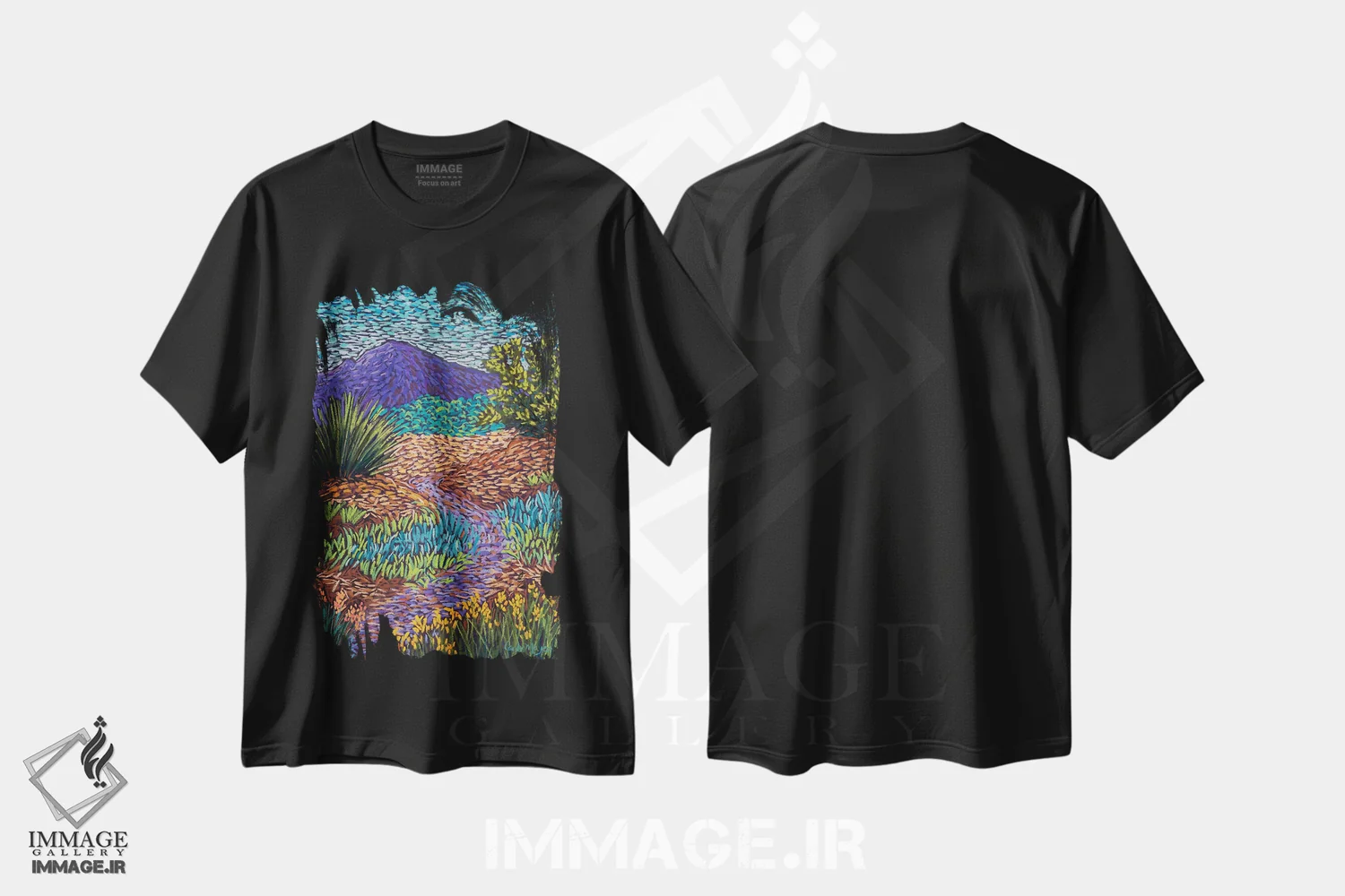 تیشرت مشکی طرح دار راه کوهستانی بنفش، تزئینی اثر کندی مایر | immage.ir