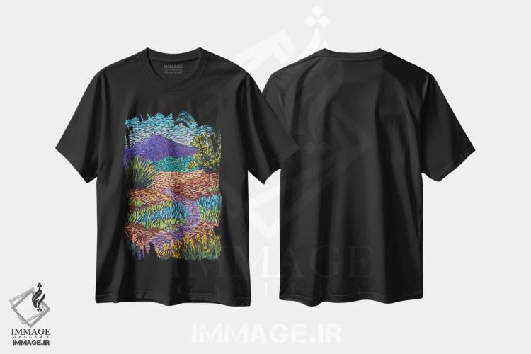 تیشرت مشکی طرح دار راه کوهستانی بنفش، تزئینی اثر کندی مایر | immage.ir