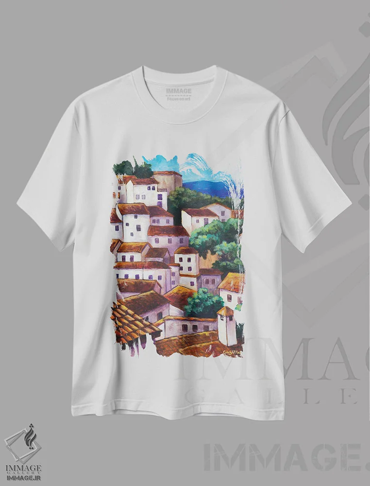 تیشرت سفید طرح دار دهکده اسپانیایی، تزئینی اثر کندی مایر | immage.ir