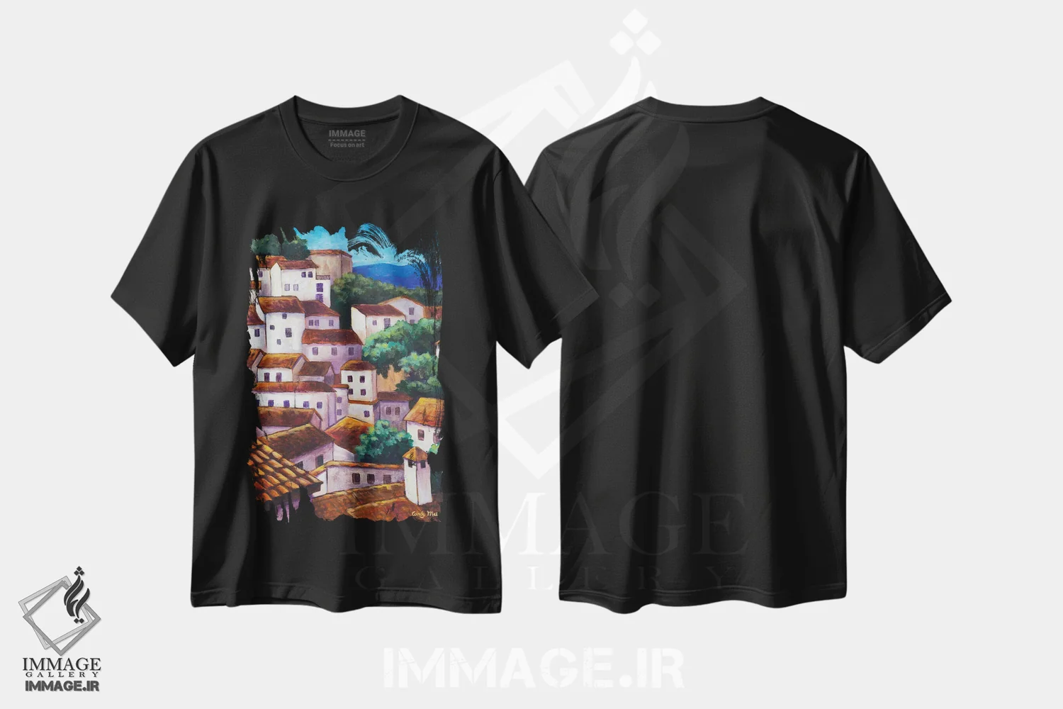 تیشرت مشکی طرح دار دهکده اسپانیایی، تزئینی اثر کندی مایر | فروشگاه ایماژ