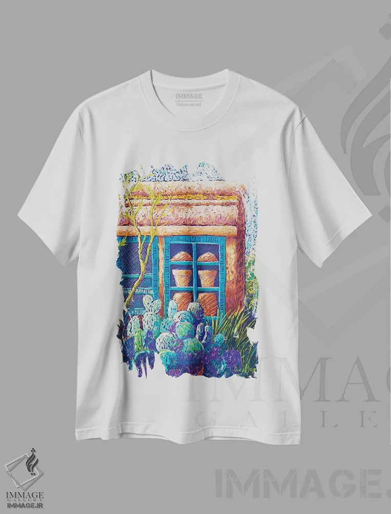 تیشرت سفید طرح دار فروشگاه سفالگری، تزئینی اثر کندی مایر | فروشگاه ایماژ