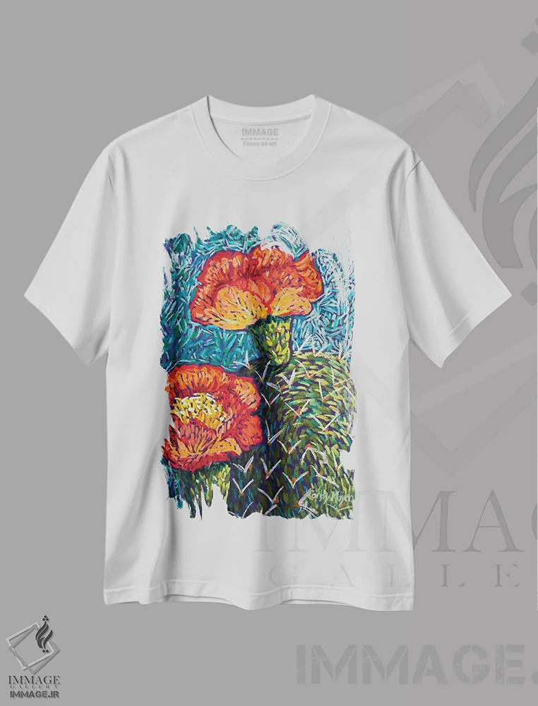 تیشرت سفید طرح دار انجیر خارگی نارنجی، تزئینی اثر کندی مایر | immage.ir
