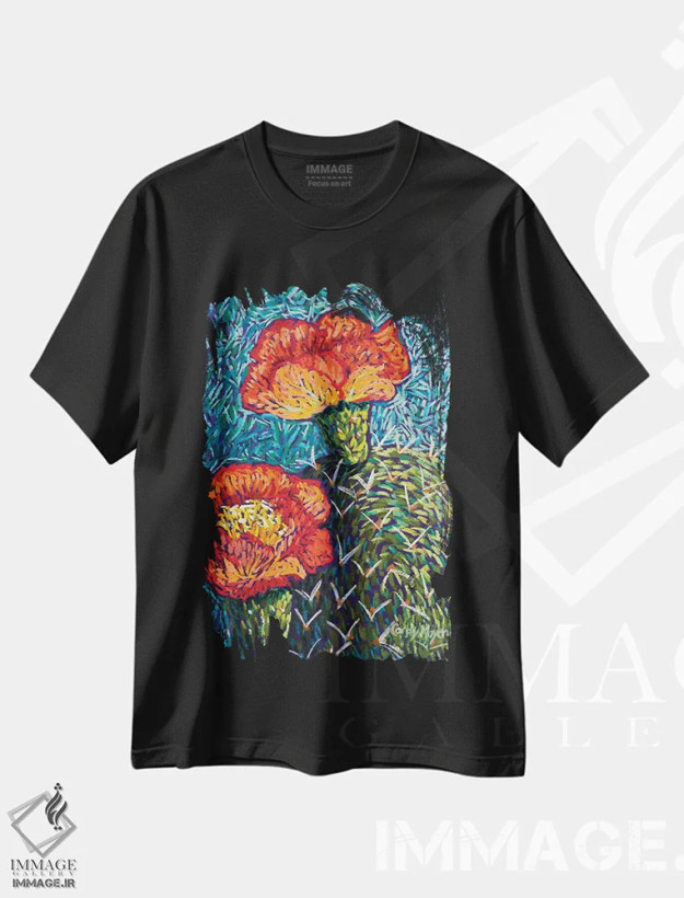 تیشرت مشکی طرح دار انجیر خارگی نارنجی، تزئینی اثر کندی مایر | فروشگاه ایماژ