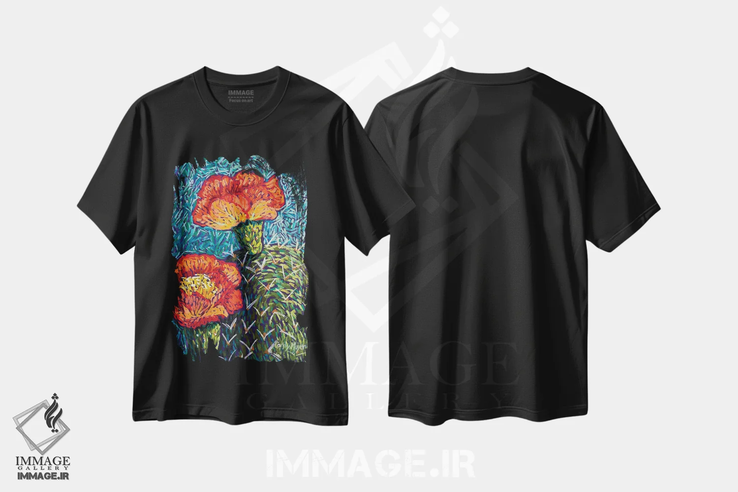 تیشرت مشکی طرح دار انجیر خارگی نارنجی، تزئینی اثر کندی مایر | فروشگاه ایماژ