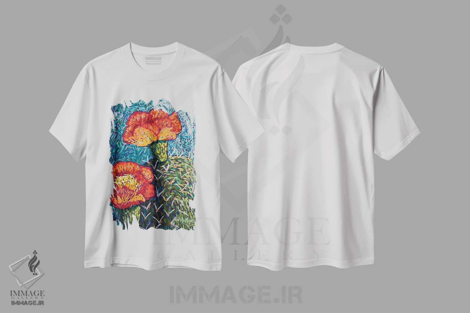 تیشرت سفید طرح دار انجیر خارگی نارنجی، تزئینی اثر کندی مایر | immage.ir