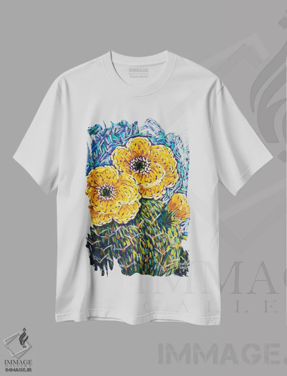 تیشرت سفید طرح دار انجیر خارگی زرد، تزئینی اثر کندی مایر | فروشگاه ایماژ