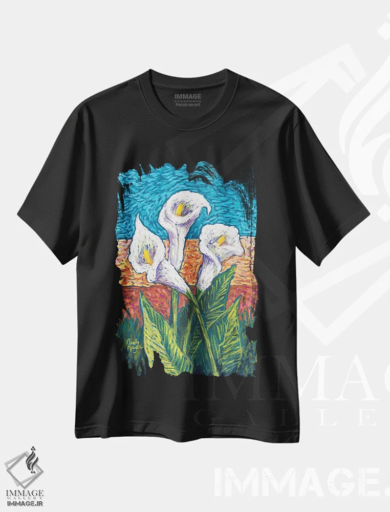 تیشرت مشکی طرح دار گل کالای پاستلی، تزئینی اثر کندی مایر | فروشگاه ایماژ