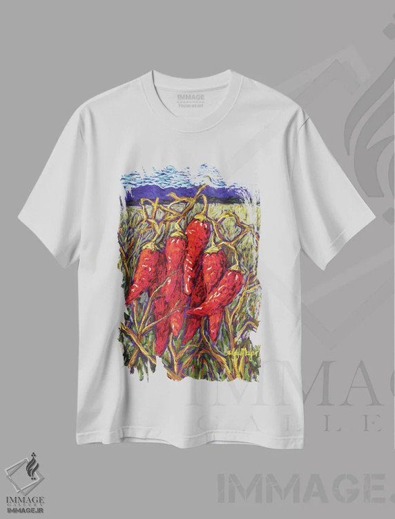 تیشرت سفید طرح دار فلفل های پاستلی، تزئینی اثر کندی مایر | فروشگاه ایماژ