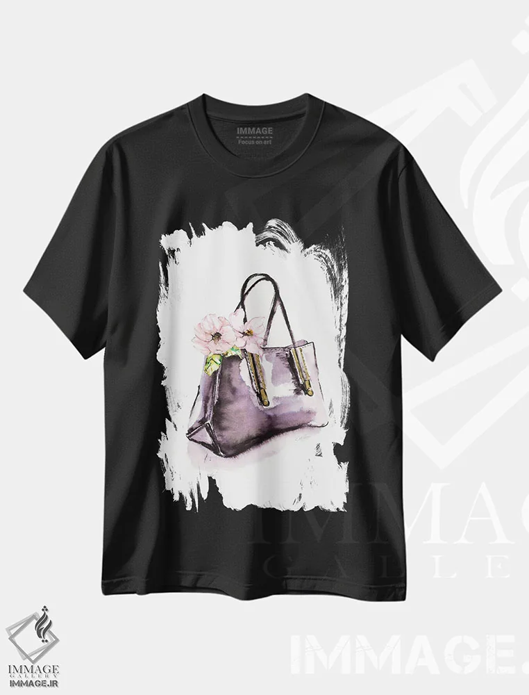 تیشرت مشکی طرح دار کیف دستی با گل، مدیوم اثر استلا چانگ | immage.ir