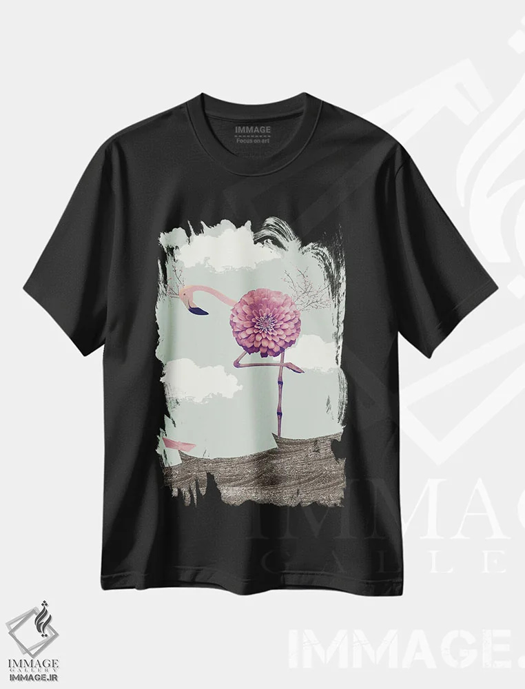 تیشرت مشکی طرح دار فلامینگو غول پیکر، هنر فاخر معاصر اثر کارولین کسلسی | فروشگاه ایماژ