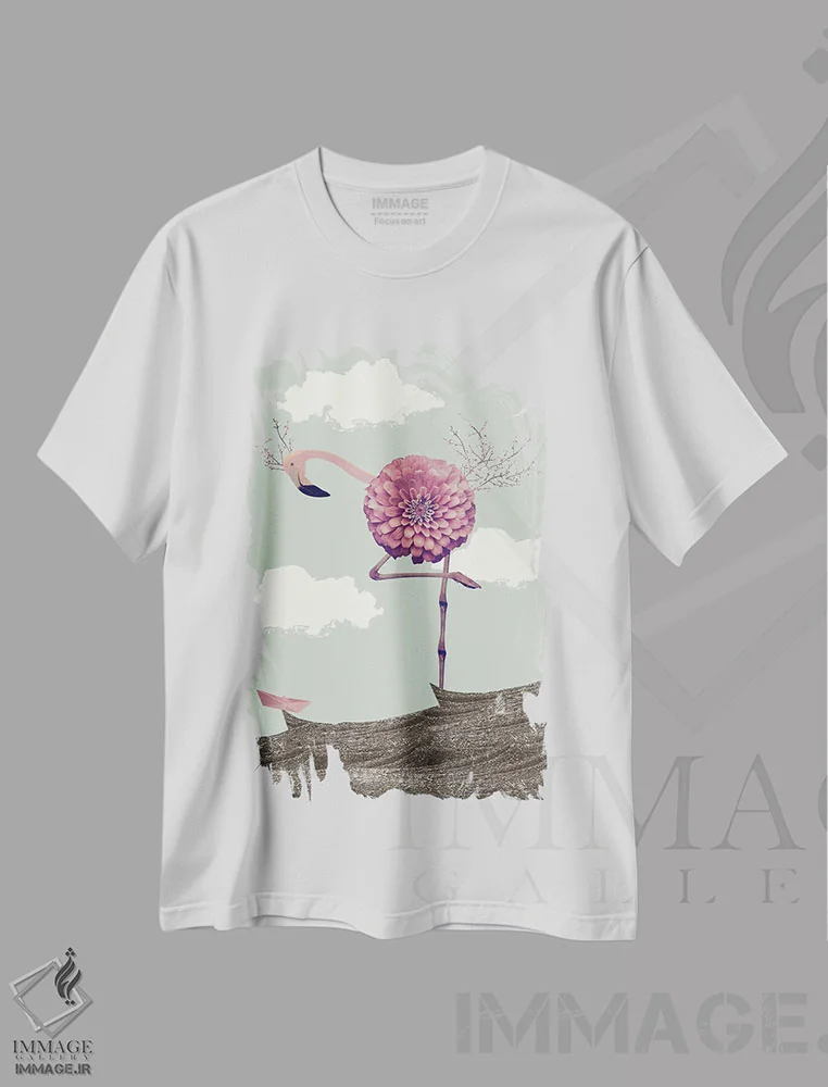 تیشرت سفید طرح دار فلامینگو غول پیکر، هنر فاخر معاصر اثر کارولین کسلسی | immage.ir