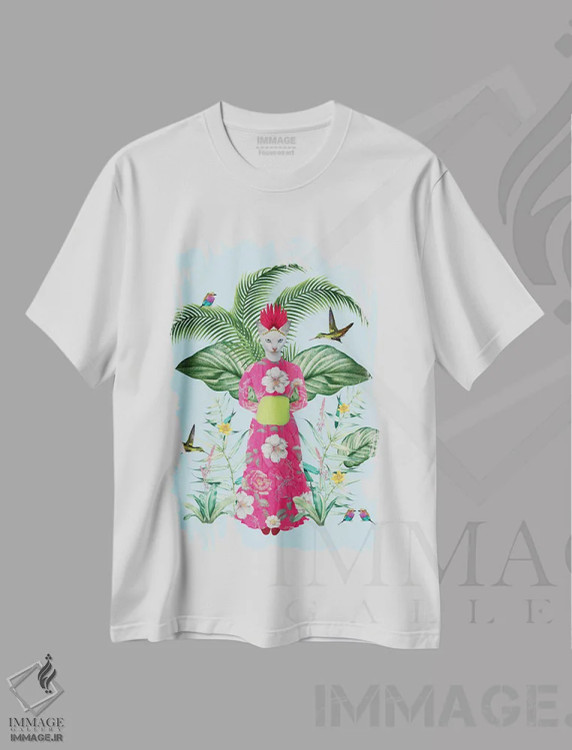 تیشرت سفید طرح دار میا، مادر پرندگان، هنر فاخر معاصر اثر کارولین کسلسی | فروشگاه ایماژ
