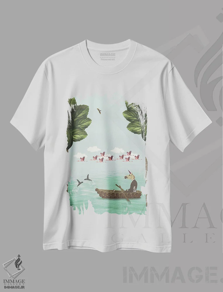 تیشرت سفید طرح دار تفکر کنار دریاچه - عمودی، هنر فاخر معاصر اثر کارولین کسلسی | فروشگاه ایماژ