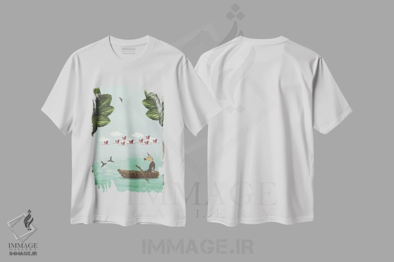 تیشرت سفید طرح دار تفکر کنار دریاچه - عمودی، هنر فاخر معاصر اثر کارولین کسلسی | فروشگاه ایماژ