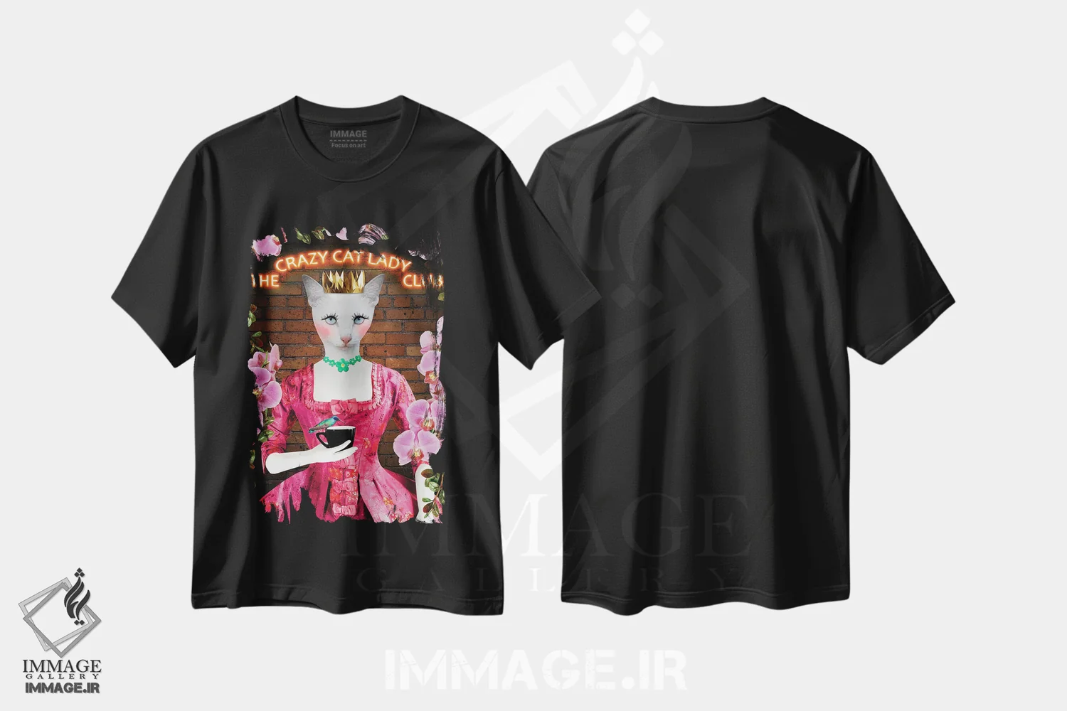 تیشرت مشکی طرح دار بانوی گربه دوست، هنر دیجیتال اثر کارولین کسلسی | فروشگاه ایماژ