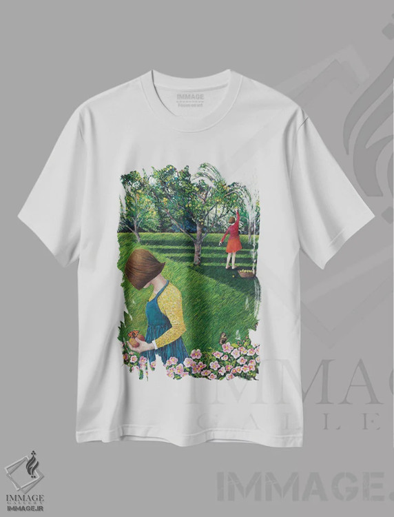 تیشرت سفید طرح دار باغ سیب، هنر فاخر معاصر اثر کترین پاتریکسون | immage.ir