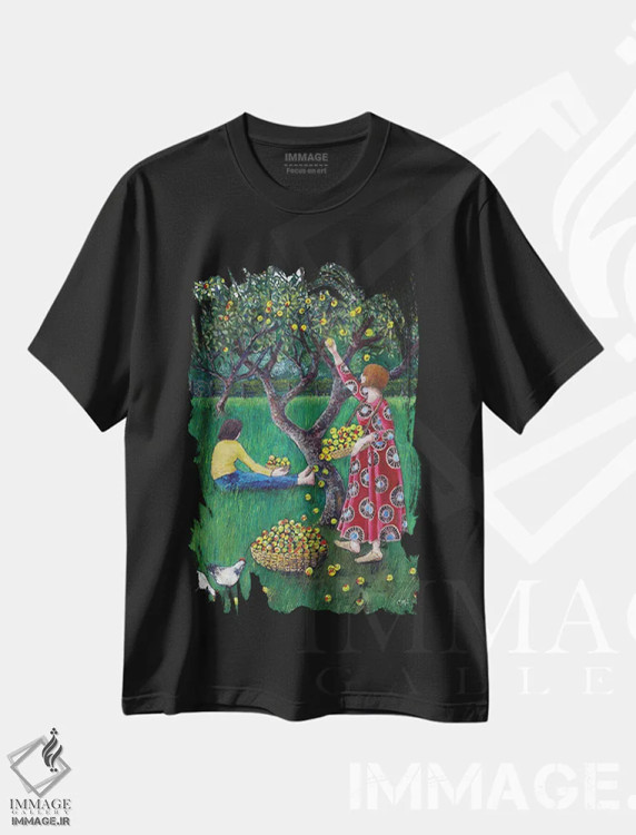 تیشرت مشکی طرح دار انعکاس ها در باغ میوه، هنر فاخر معاصر اثر کترین پاتریکسون | فروشگاه ایماژ