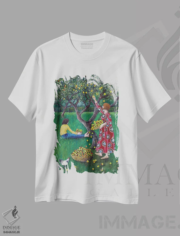 تیشرت سفید طرح دار انعکاس ها در باغ میوه، هنر فاخر معاصر اثر کترین پاتریکسون | immage.ir