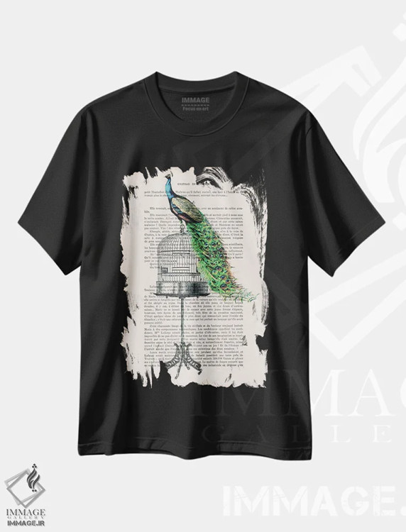 تیشرت مشکی طرح دار طاووس روی قفس پرنده اثر کوکو د پاریس | immage.ir