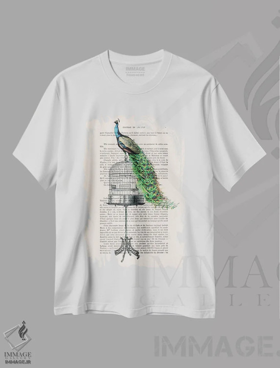 تیشرت سفید طرح دار طاووس روی قفس پرنده اثر کوکو د پاریس | فروشگاه ایماژ