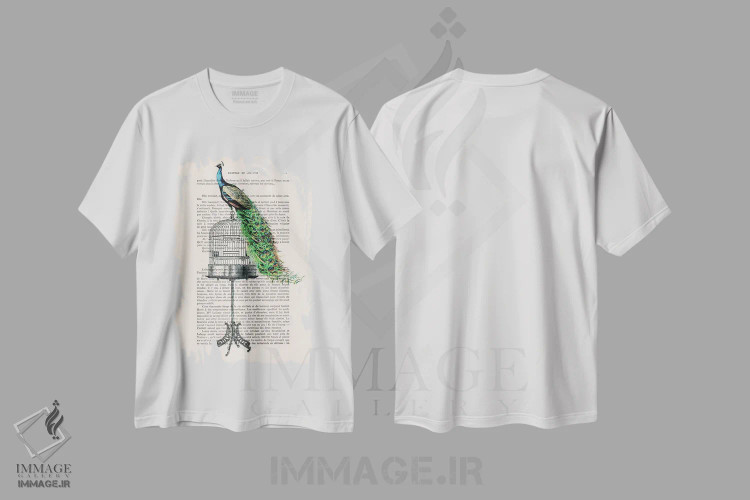 تیشرت سفید طرح دار طاووس روی قفس پرنده اثر کوکو د پاریس | فروشگاه ایماژ