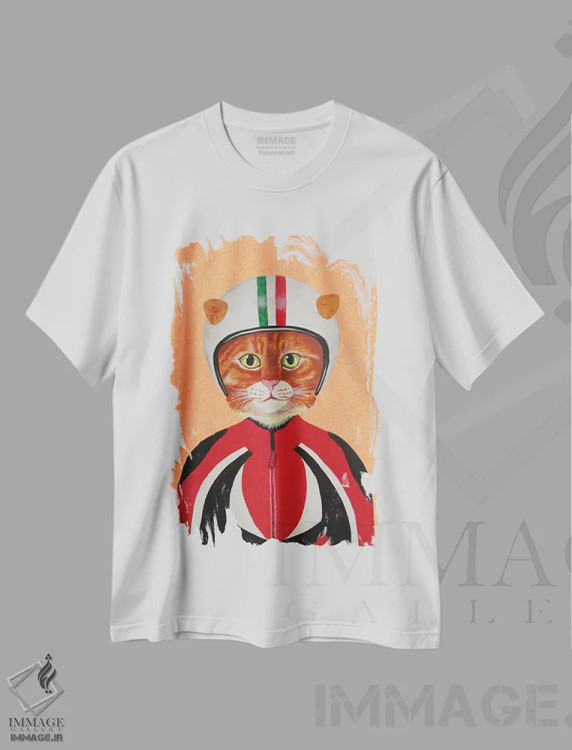 تیشرت سفید طرح دار گربه با کلاه ایمنی اثر کوکو د پاریس | فروشگاه ایماژ