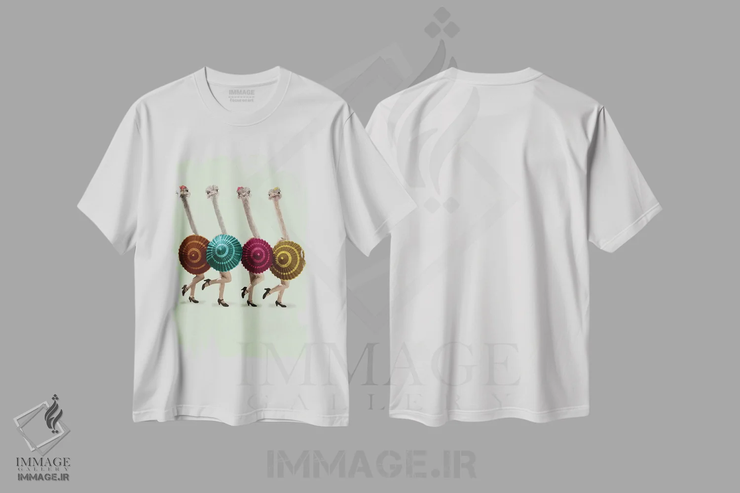 تیشرت سفید طرح دار شترمرغ های رقصنده اثر کوکو د پاریس | فروشگاه ایماژ
