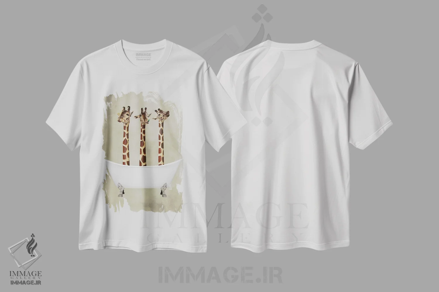 تیشرت سفید طرح دار زرافه ها در وان حمام اثر کوکو د پاریس | فروشگاه ایماژ