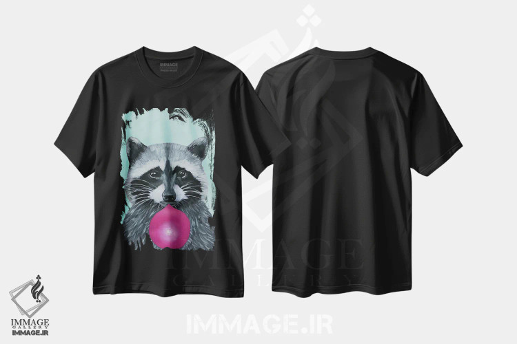 تیشرت مشکی طرح دار راکون آدامس بادکنکی، فیروزه ای، تزئینی اثر کوکو د پاریس | فروشگاه ایماژ