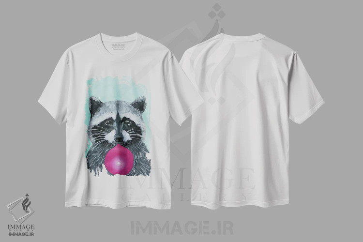 تیشرت سفید طرح دار راکون آدامس بادکنکی، فیروزه ای، تزئینی اثر کوکو د پاریس | immage.ir