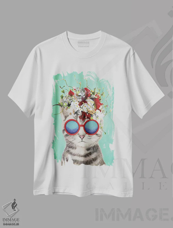 تیشرت سفید طرح دار گربه قدرت گل، فیروزه ای، تزئینی اثر کوکو د پاریس | فروشگاه ایماژ