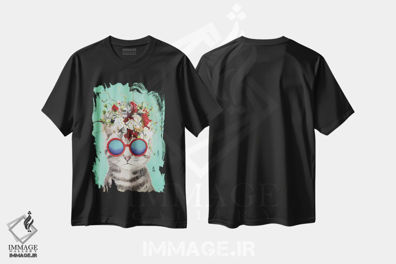 تیشرت مشکی طرح دار گربه قدرت گل، فیروزه ای، تزئینی اثر کوکو د پاریس | immage.ir